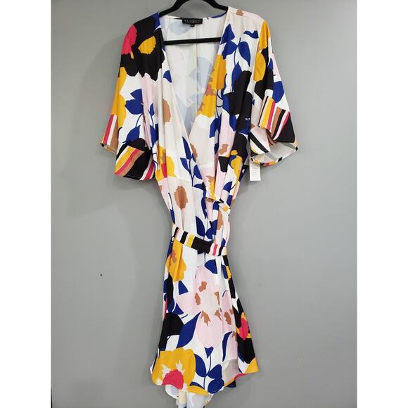 NEW Eloquii Women's Plus Color Block Floral Wrap Dress Gold Black Size 24‎ - Picture 1 of 7